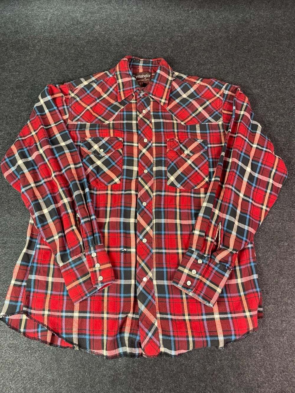Wrangler Western Flannel Shirt Size L Red Plaid Pearl Snap
